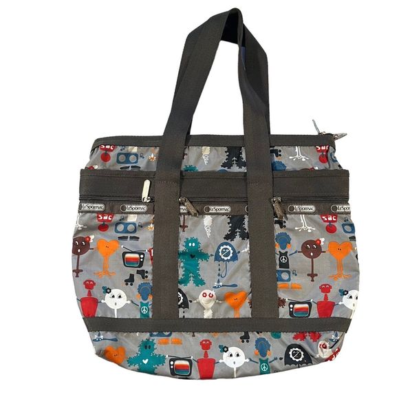 LE SPORTSAC Medium Travel Tote Robot Print 3 Front Pockets Grey/Red/Blue - Picture 9 of 13